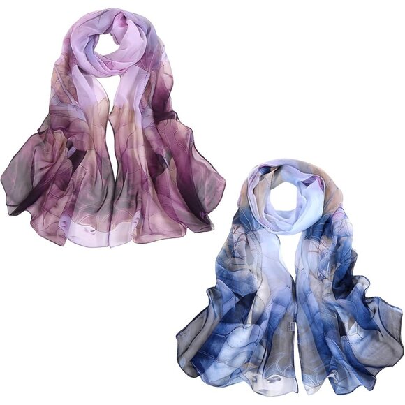 Women's Blue+purple Fashion Lightweight Head Scarf Floral Print Chiffon Scarves - Picture 1 of 7